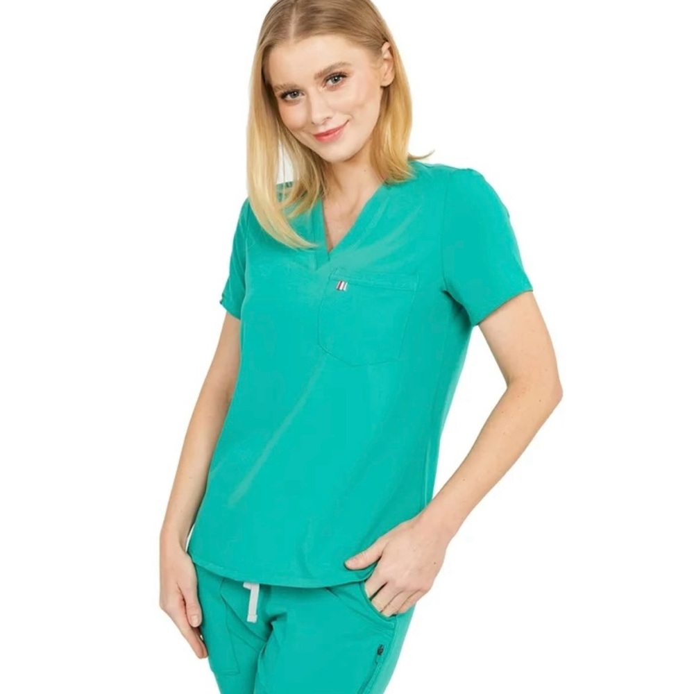 Jaanuu Women’s Split Neck Scrub Top Teal Size Large
